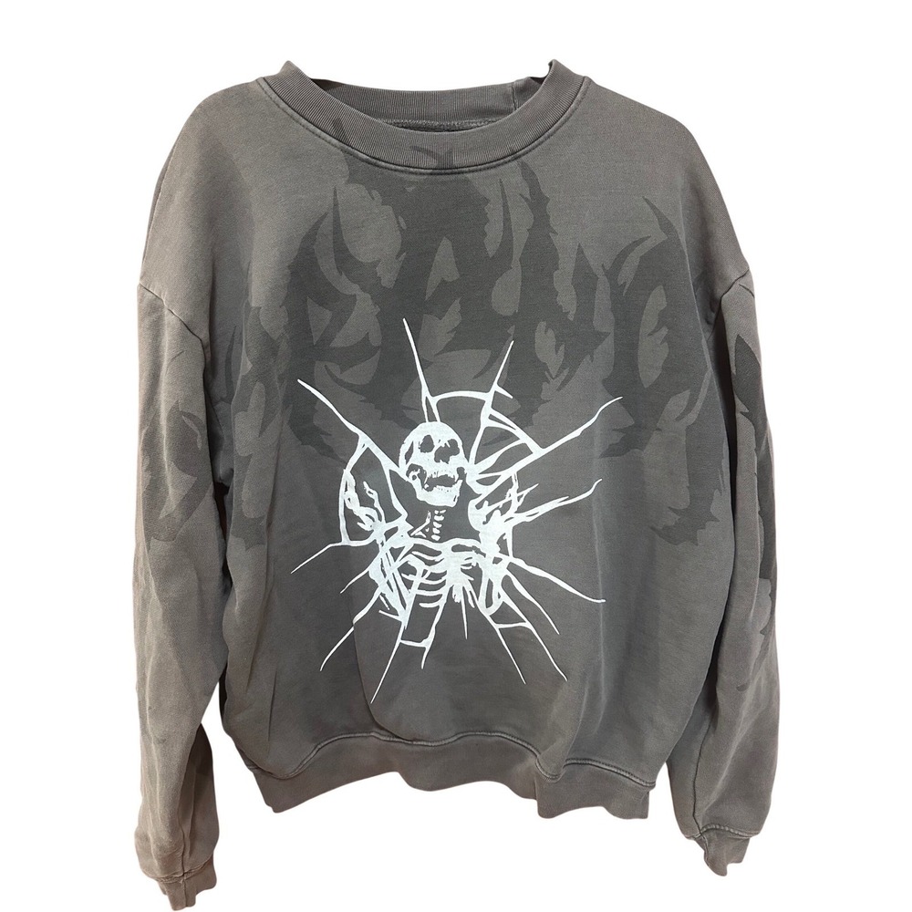 PacSun Mens Skull Skeleton Graphic Sweatshirt Charcoal Grey‎ Washed Fleece Large